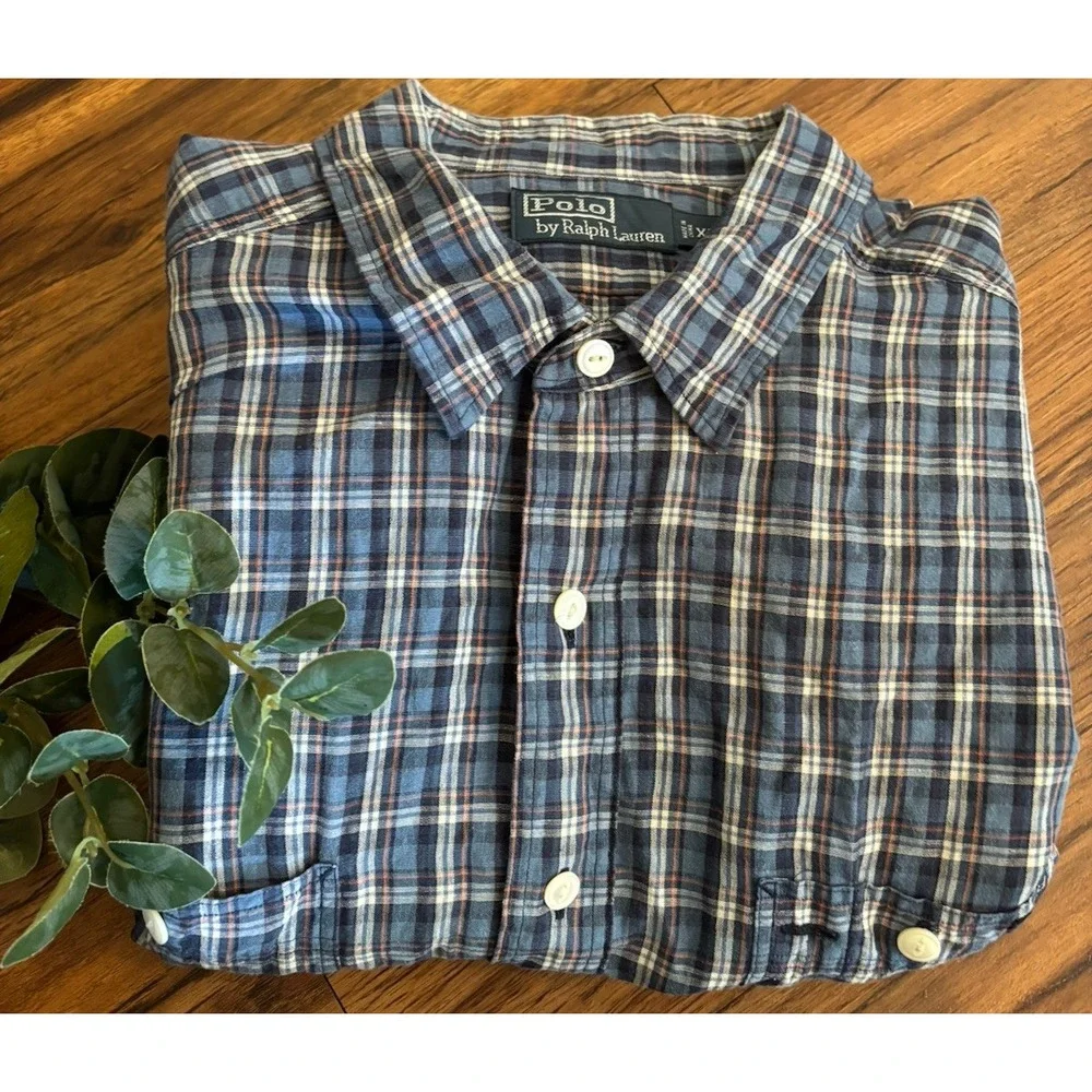 Polo Ralph Lauren Linen Blend Plaid Shirt Mens XXL Long Sleeve Button Down Blue